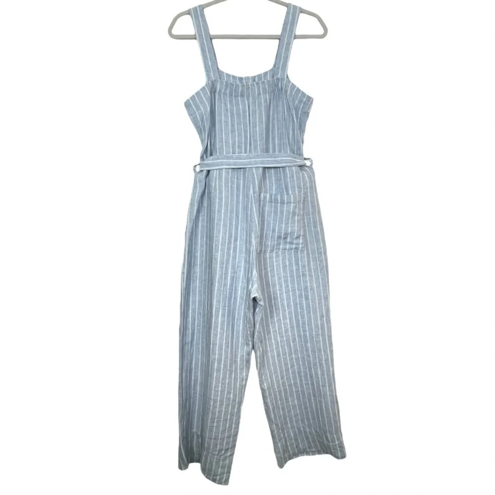 Everlane Linen Square Neck‎ Blue Pinstripe Button Down Tie Front Jumpsuit 2 NWOT